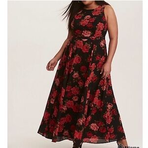 Torrid Black and Red Floral Georgette Maxi Dress, 18W